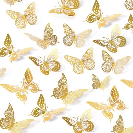 SAOROPEB 3D Butterfly Wall Decor 48 Pcs 4 Styles 3 Sizes, Gold Butterfly Decorations